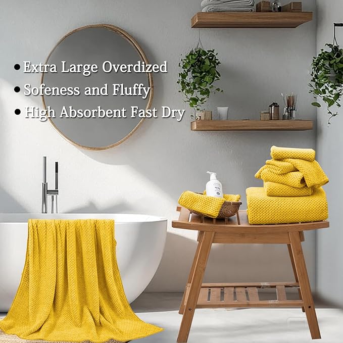 8-Piece Yellow Bath Towels Set,2 Oversized Large Bath Towels Sheet,2 Hand Towels and 4 Washcloths - 600 GSM Soft Luxury Towel Set,Highly Absorbent Quick Dry Towel for Bathroom,Hotel and Spa