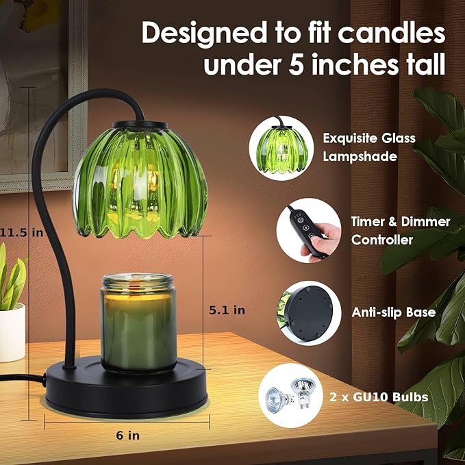 Dimmable Flower Candle Warmer Lamp with Timer, Aromatherapy Candle Lamp for Scented Candles, Modern Green Glass Candle Lamp Warmer Gifts for Her, Birthday/Housewarming/Back to School Gift