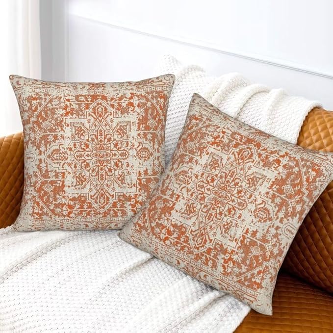 Fall Pillow Covers 20x20 Set of 2, Burnt Orange Boho Decorative Throw Pillows Ethnic Vintage Farmhouse Bohemian Carpet Pattern Pillow Cases Linen Gifts for Couch Sofa Outdoor Decor