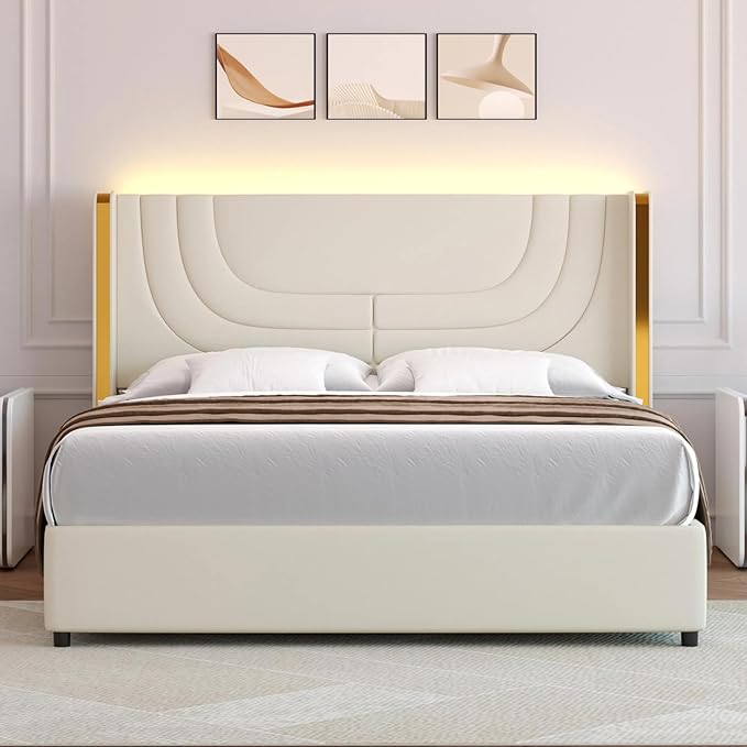 Full Size Bed Frame with LED Lights, Faux Leather Upholstered Platform with Silver Wingback Headboard, Modern Style, No Box Spring Needed, Easy Assembly, Cream