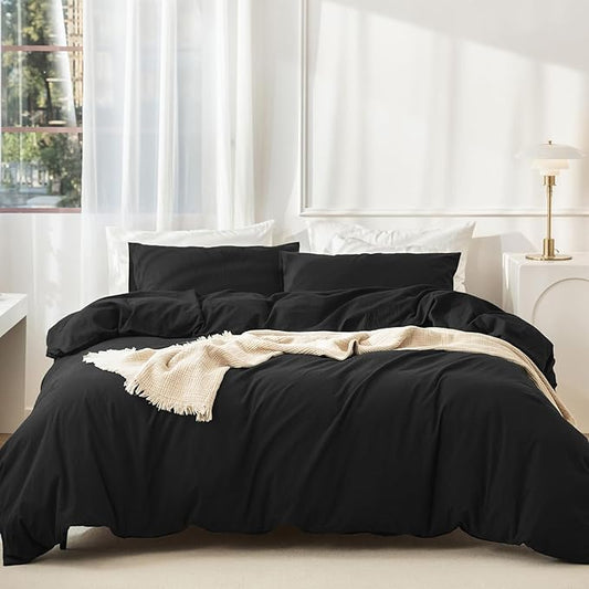 JIYUAN 100% Washed Cotton Duvet Cover Set 3 Pieces Super King, 1 Duvet Cover 108x98 Inches(Comforter Not Included) and 2 Pillowcases,Linen Feel Bedding Set Comfy and Breathable,Black