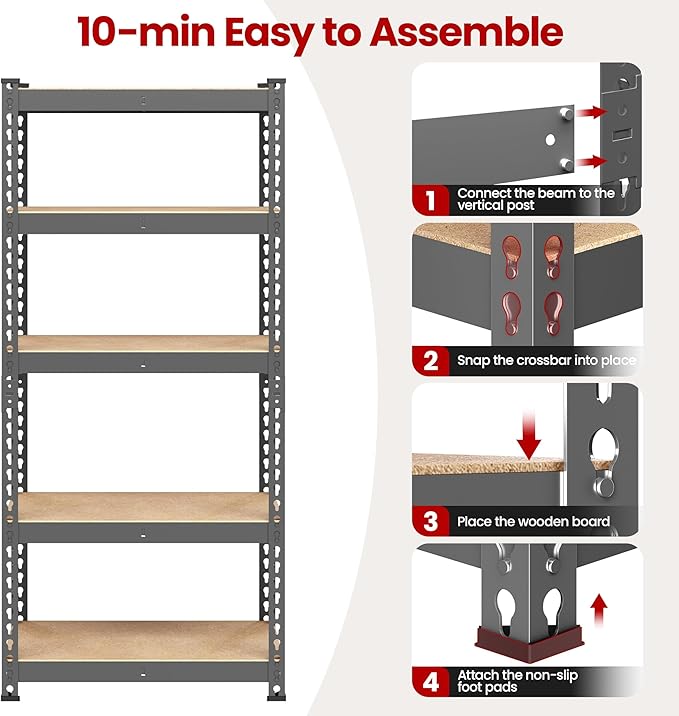 Yaheetech Storage Shelves 5 Tier Garage Shelving Heavy Duty Garage Shelves Adjustable Metal Shelving Unit Utility Rack Industrial Shelving for Warehouse Pantry Closet, 27.5"W x 12"D x 60"H, Dark Gray
