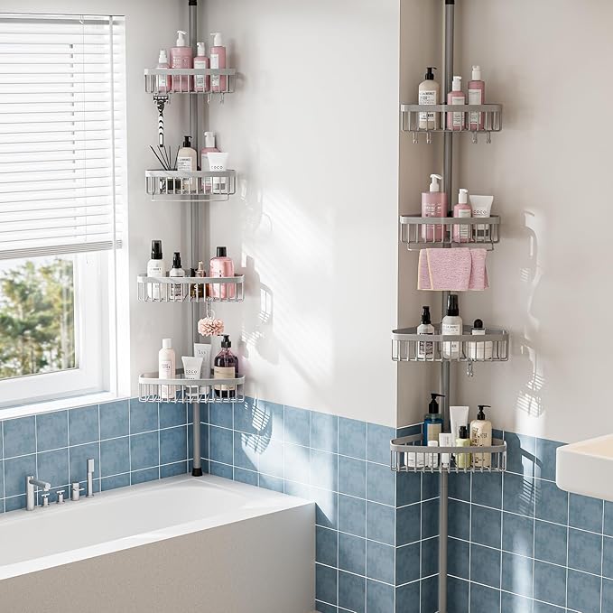 Corner Shower Caddy Tension Pole: Stainless Steel Rustproof 4-Tier Shower Organizer - 47-121 inch Adjustable Bathroom Shelves for Bathtub Shampoo Storage - Tension Rod Floor Standing Bath Rack