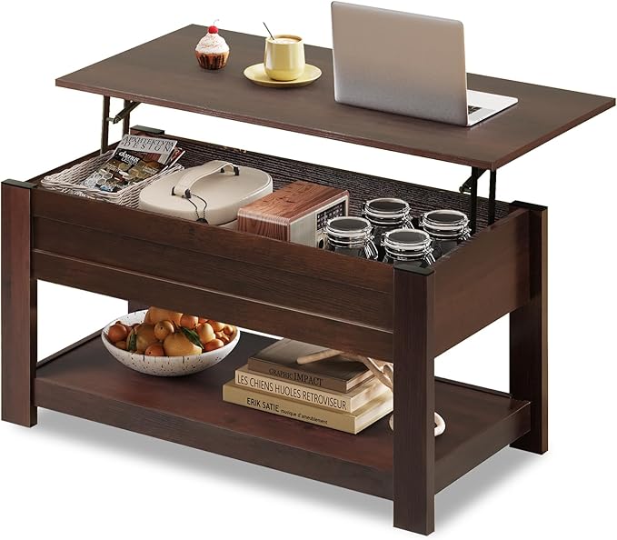 WLIVE Coffee Table, 39" Lift Top Coffee Table with Hidden Compartment, Storage Shelf and Lifting Top for Home Living Room, Office and Bedroom, Red-Brown