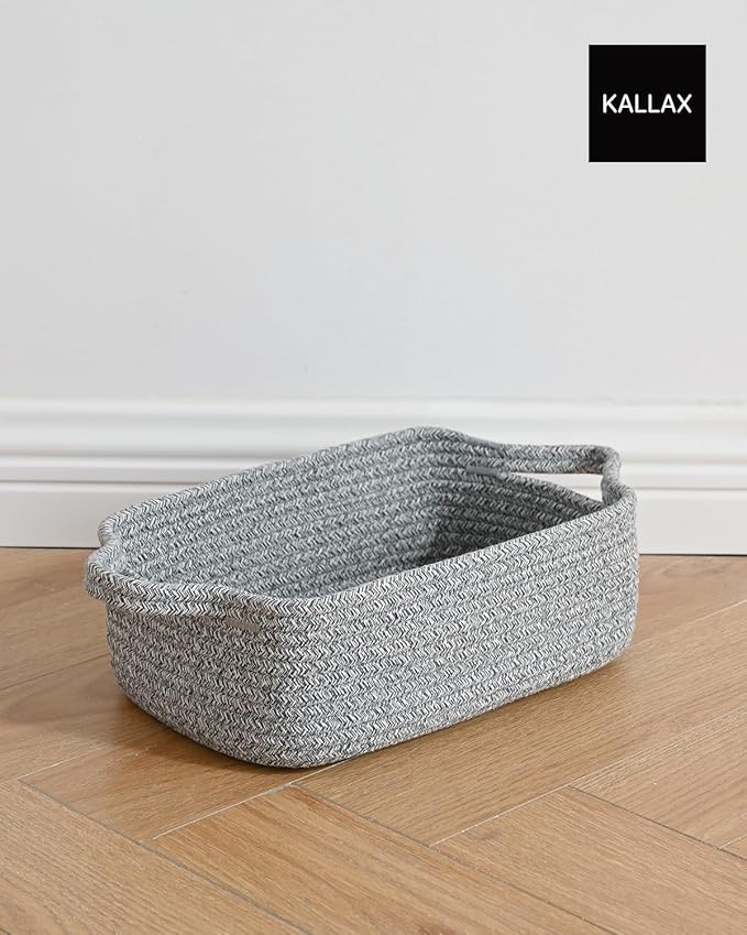 KALLAX Small Woven Basket, 12 x 8 x 4.5 Inches, Small Storage Baskets for Organizing, Gift Baskets Empty, Cute Rope Shelf Closet Storage Bins for Shelves, Dog Toy Basket, 3 Packs, Mixed Grey