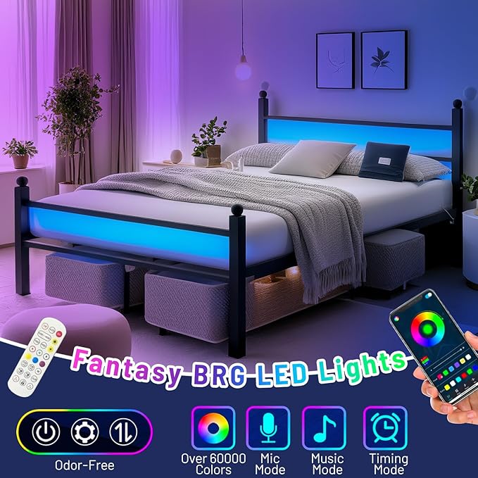 Full Size Bed Frame with Headboard and Footboard,Steel Slats Support-LED Bed Frame with USB Charging Station,Mattress Foundation-Under Bed Storage, No Box Spring Needed,Noise Free,Black