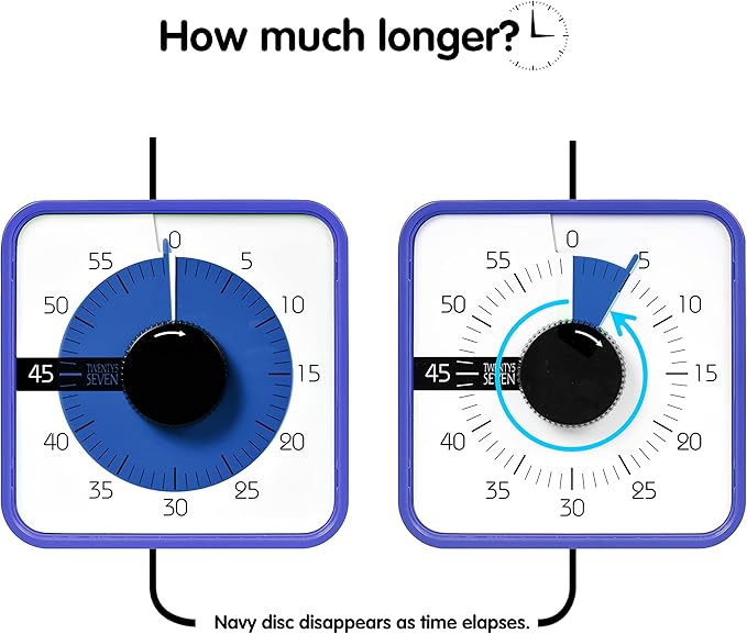 TWENTY5 SEVEN Countdown Timer 7.5 inch; 60 Minute 1 Hour Visual Timer – Classroom Teaching Tool Office Meeting, Mechanical Countdown Clock for Kids Exam Time Management Magnetic, Navy Blue
