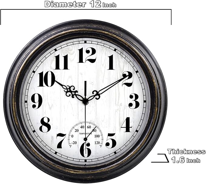 zyzamay 12 Inch Indoor Outdoor Clocks,Waterproof Wall Clock with Thermometer,Easy to Read,Non-Ticking Battery Operated Quality Quartz Clock, Decorative for Patio,Porch,Pool,Bathroom(BlackGold)
