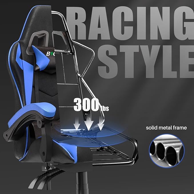 Gaming Chair High Back, Ergonomic Computer Gamer Chair with Headrest and Lumbar Support, Racing Style Reclining Game Chair for Adults, Kids (Blue-Black)