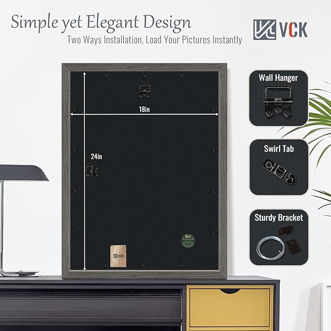 VCK 18x24 Poster Frame Set of 4 - Grey, Gallery-Quality Wood Picture Frames, 1.1-Inch Wide Border, Polished Plexiglass, Vertical or Horizontal Wall Display for Photo/Art/Prints, Grey