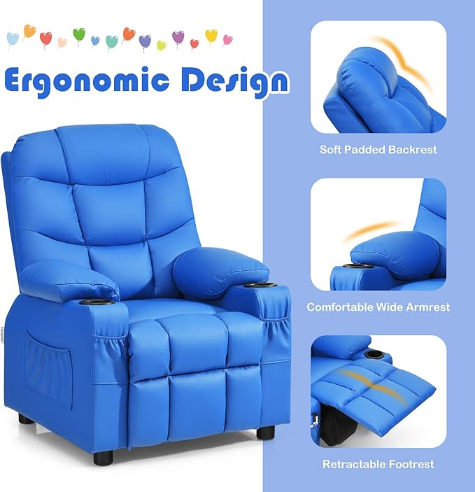 GLACER Kids Recliner Chair w/Cup Holder & Side Pockets, Children Recliner w/Comfortable Backrest, Armrests & Footrest, Toddler PU Leather Recliner for Boys Girls, 3+ Age Group (Blue)