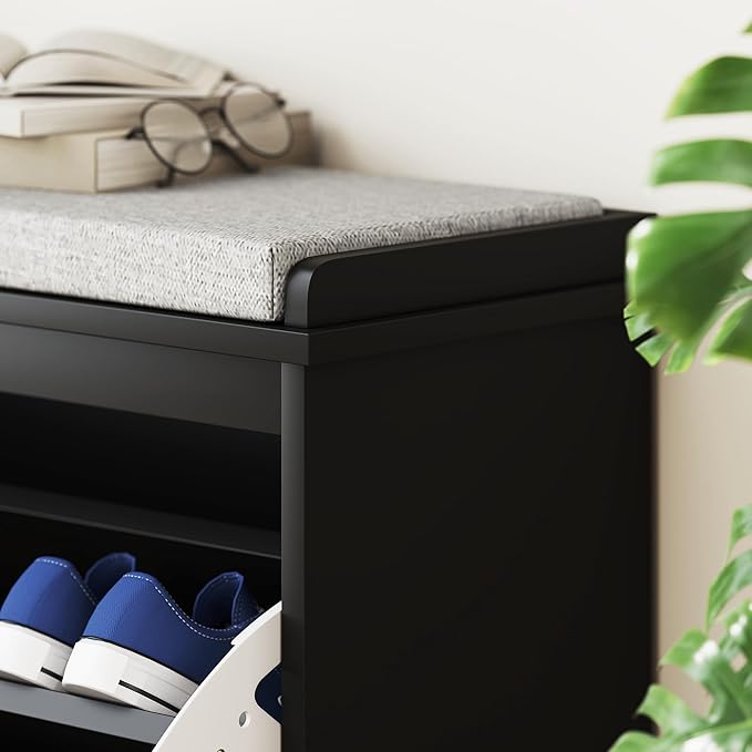 HOMCOM Narrow Shoe Bench with Padded Seat Cushion and Flip-Drawer, Small Entryway Bench Holds up to 265lb, Shoe Cabinet, 31.5x10.2x18.7 Inches, Black