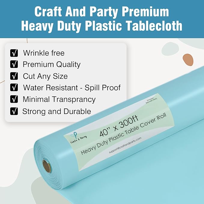 Craft And Party Aqua Plastic Table Cover Roll, 40Inch X 300Feet Disposable Plastic Tablecloth, Banquet Rectangle Tablecover Roll