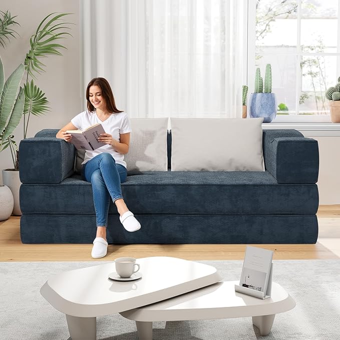 Rovibek 80-Inch 4-in-1 Boneless Sofa Bed – Corduroy Convertible Loveseat Sleeper, Fixed-Shape Frame, No Assembly Required, Space-Saving Pull-Out Futon for Living Room & Bedroom, Blue