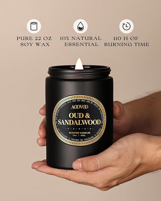 AOOVOO Scented Candles for Men - Large 22oz 120 Hours of Burn Time, Oud & Sandalwood Candles for Home Scented | Crackling Wood Wick Soy Candle | Strong Fragranced Black Candle Gift for Women & Men