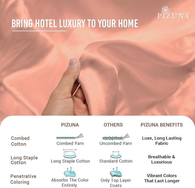 Pizuna Pure 100% Cotton King Duvet Cover Set, Luxurious 400 Thread Count Long Staple Cotton Sateen Weave with Button Closure (Combed Coral Pink Cotton Duvet Cover King)