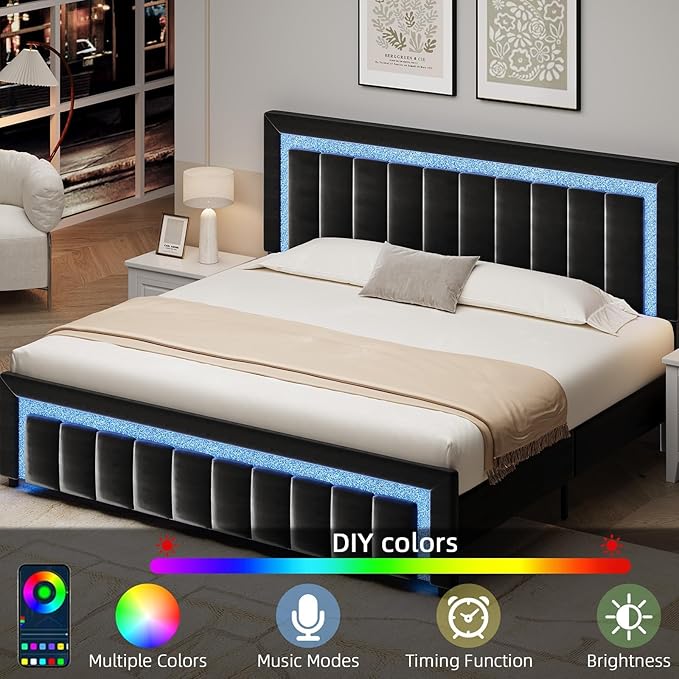 HOMBCK King Size Bed Frame with LED Lights and Velvet Upholstered Headboard, Bed Frame King with Modern Diamond Headboard Adjustable, Wooden Slats Support, Noise Free, No Box Spring Needed, Black