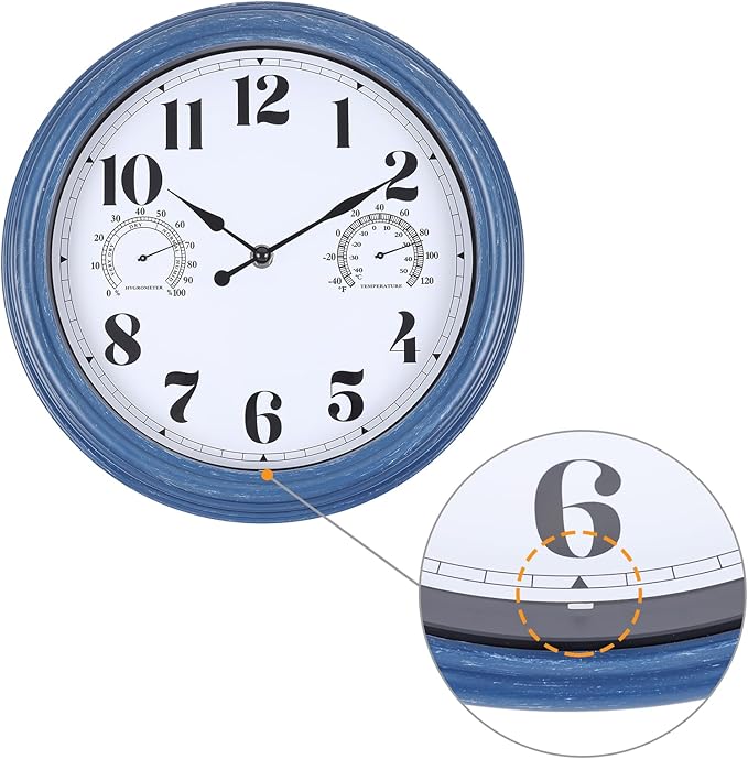 12 inch Outdoor Wall Clock, Plastic Waterproof Outdoor Clock with Temperature & Humidity, Water Resistant Wall Clocks for Patio Garden, Blue
