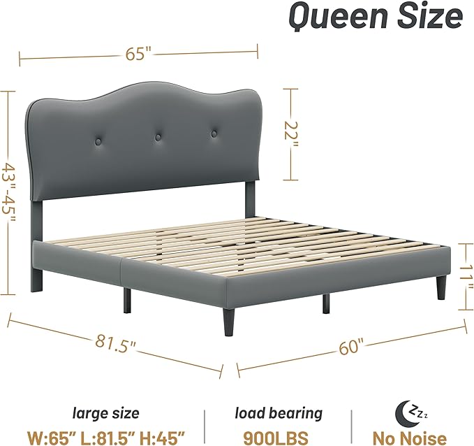Queen Size Bed Frame, Upholstered Bed Frame with Headboard, Platform Bed Frame with Wood Slats Support, No Box Spring Needed, Adjustable Height Headboard, Dark Grey