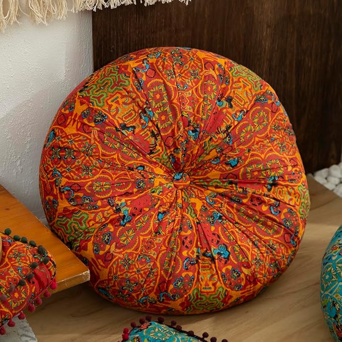 vctops Boho Cotton Linen Round Chair Seat Cushions for Dining Kitchen Office Chairs Patio Super Soft Printed Chair Pads Floor Pillow (Orange,22"x22")