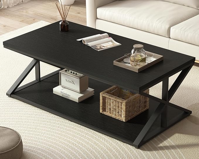 Launica Modern Coffee Table with Storage, Farmhouse Living Room Table, Minimalist Rectangle Center Table, Industrial Vintage Wood Tea Table, 47 Inch, Black Oak