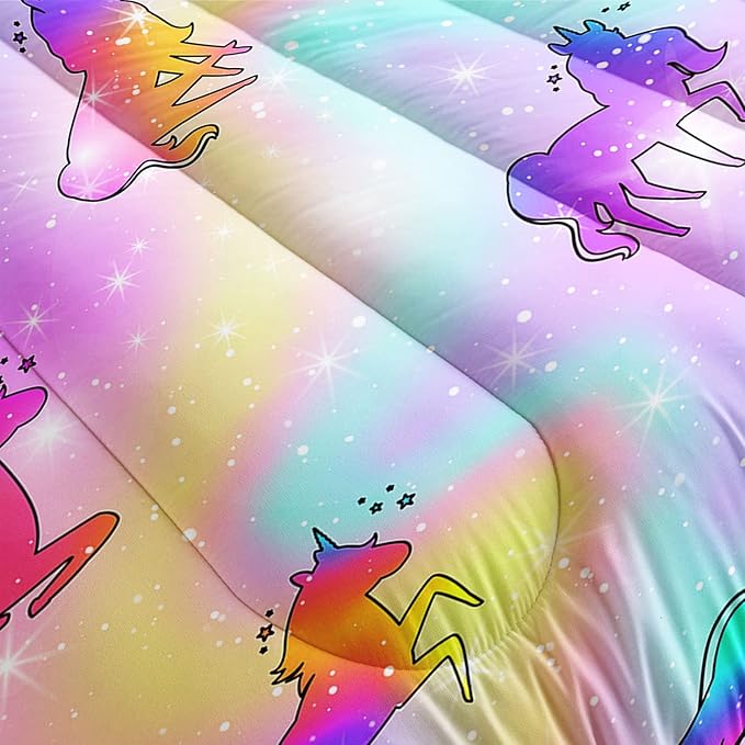 Unicorn Rainbow Comforter Bedding Set for Girls Kids Children Teens,Sky Glitter Star Colorful Bedding Set with 1 Comforter and 2 Pillowcases(Unicorn3 Full)