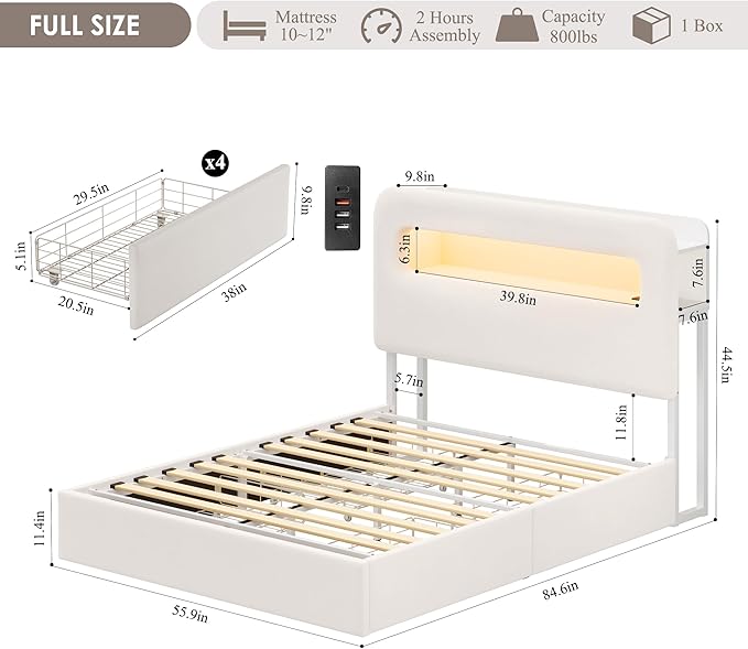 HOSTACK Full LED Bed Frame with Storage Headboard and Charging Station, Kids Bed Frame with 4 Drawers and USB Ports, Velvet Upholstered Platform Bed Frame with Bookcase, No Box Spring Needed, Cream