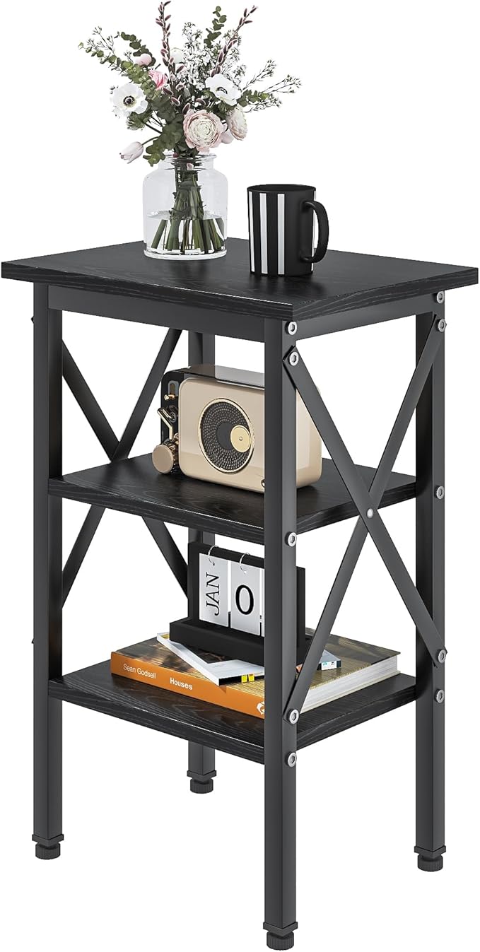 VECELO End Table, Bedside Table, 24" Tall Living Room End Tables, X-Design Reinforced Nightstands, Side Table with 3-Tier Storage Shelves for Small Spaces, Office, Bathroom, Bedroom, Classic Black