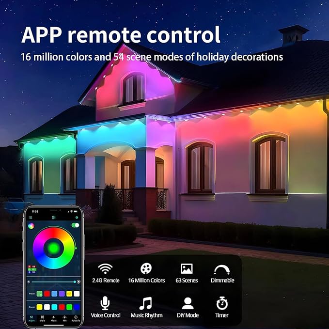 Permanent Outdoor String Lights 150ft, Smart RGB App Control with 90 LEDs, LED Eaves Lights IP67 Waterproof, House Roof Outdoor Lighting for Party, Daily, Halloween, Christmas,Garden