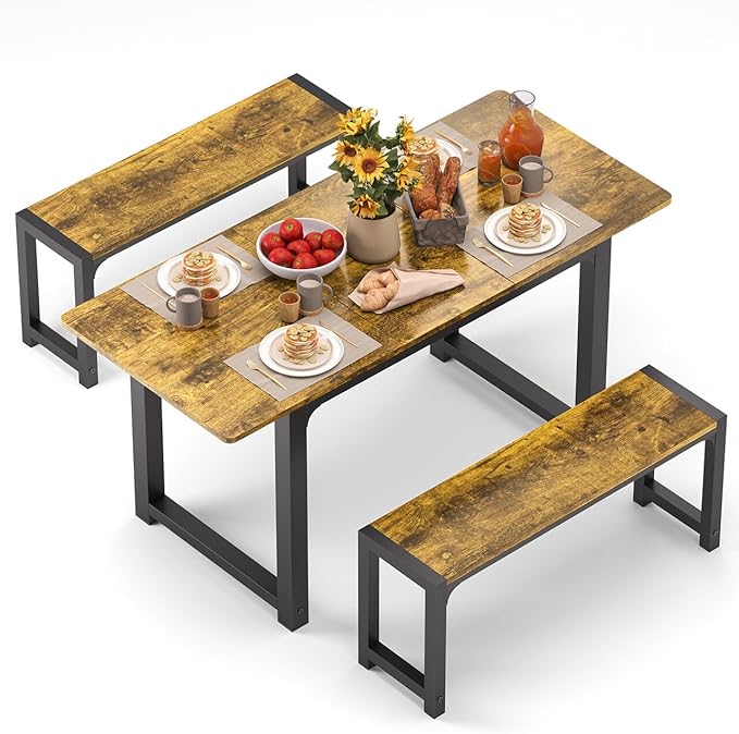 Gizoon 63” Kitchen Table Sets for 4 with 2 Benches Extendable Dining Table Set for 4 with Chairs Dining Room Table and Chairs for Kitchen Apartment Outdoor and Home Office, Rustic Brown