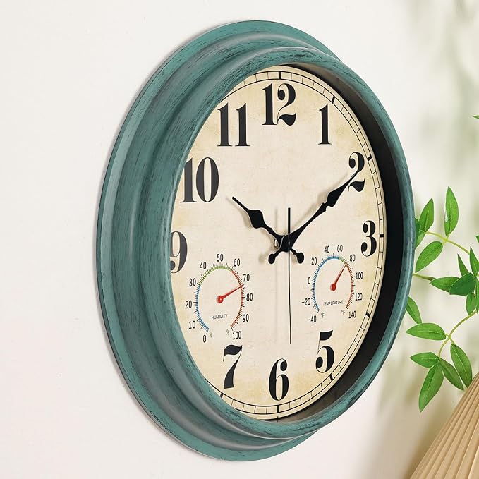 zyzamay 16 Inch Green Vintage Indoor/Outdoor Wall Clock with Thermometer & Hygrometer & Waterproof, Large Silent Sweep Numerals, Perfect for Porch, Garden, Pool
