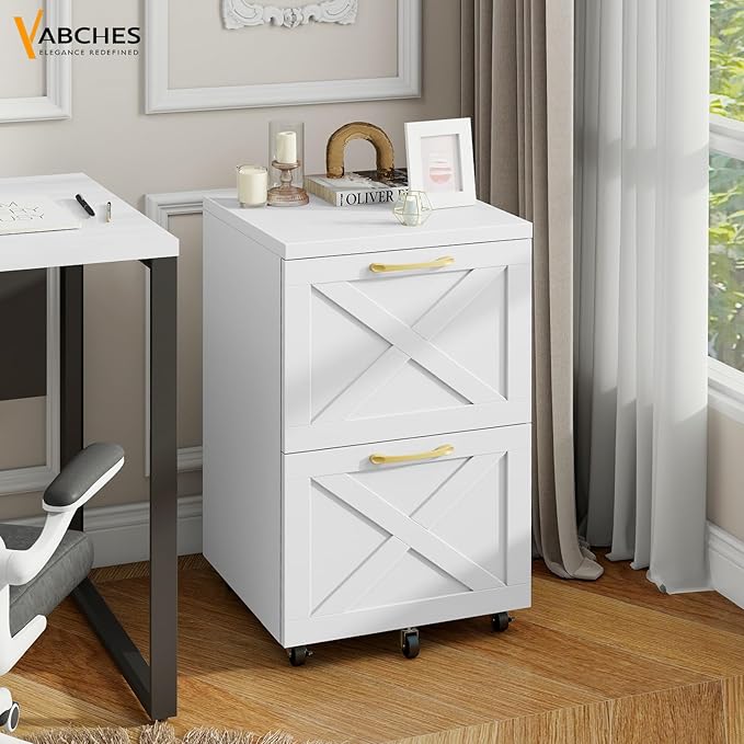 Farmhouse File Cabinet with 2 Drawers, Vertical Filing Cabinet on Wheels for Letter/A4 Size Hanging Files, Mobile File Cabinets Printer Stand for Home Office, White