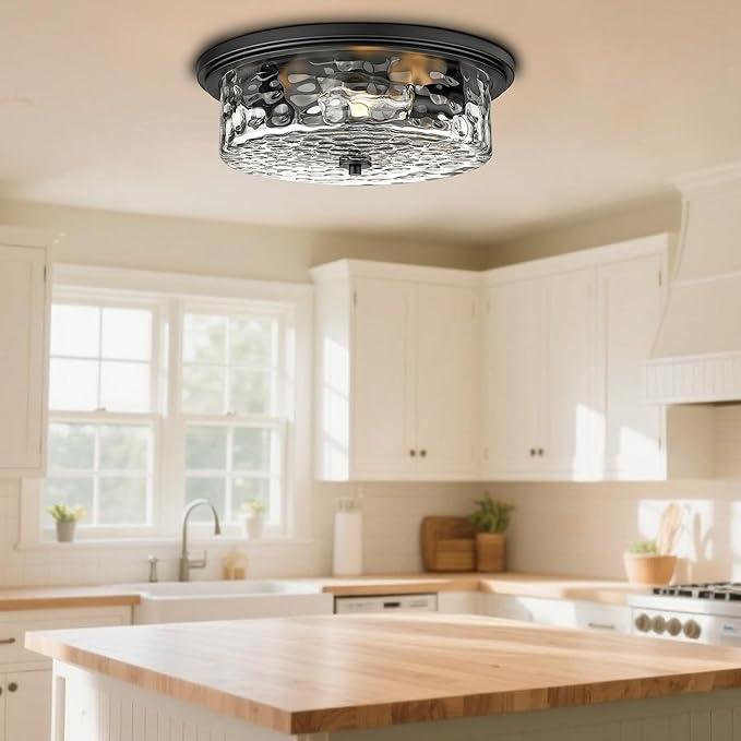 Industrial Flush Mount Ceiling Light, 16" 3-Light Modern Ceiling Light Fixture, Hammered Modern Kitchen Ceiling Light for Bedroom, Living Room, Kitchen Island (Black)