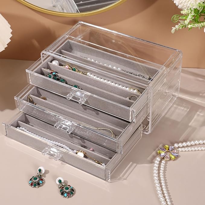 Necklace Organizer Box, Tray with Clear Lid, Dustproof Velvet Necklaces Holder Storage Display Case, Necklace Tray Drawer Insert for Pendant Suitable for Women and Girls (Grey)