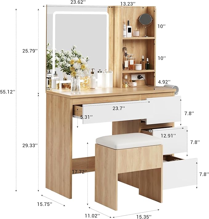 Vanity Desk with Mirror and LED Light, Vanity Desk with 4 Drawers, Power Outlet, Storage Stool, Storage Shelves & Hair Dryer Holder, Adjustable 3 Lighting Mode, Makeup Vanity Set for Bedroom, Natural
