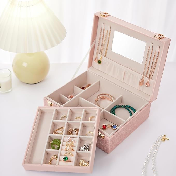 Portable Jewelry Box Organizer for Women Girls with PU Leather, Earring Organizer Box with Makeup Mirror for Christmas and New Year Gifts(Pink)