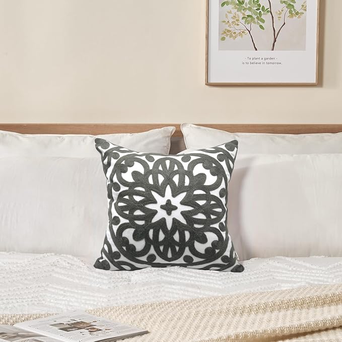 Alysheer Embroidered Decorative Throw Pillow Cover 18x18 inch, Cozy Warm Boho Mandala Chic Embroidery Pattern Gray Cotton Cushion Case for Sofa Couch Bed Living Room Decor (Grey)