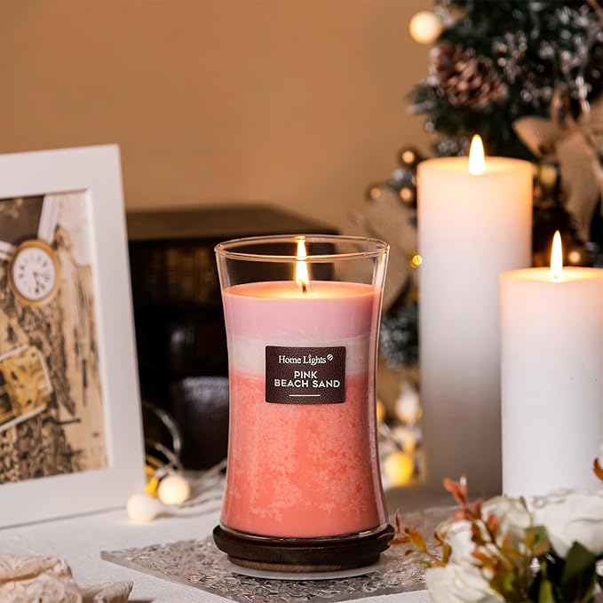 HomeLights 3-Layer Candles for Home Scented, 21.52 OZ Natural Soy Wax Scented Candles Burns Up to 100 Hours, Large Jar, Pink Beach Sand