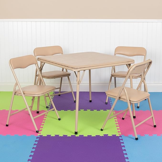 Flash Furniture Mindy Kids 5-Piece Folding Square Table and Chairs Set for Daycare and Classrooms, Children's Activity Table and Chairs Set, Tan