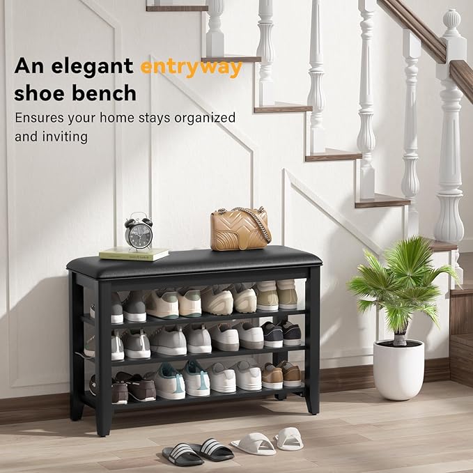 Entryway Shoe Storage Bench with Leather Cushion, Shoe Organizer Bench for Entryway, Ideal for Hallways Front Doors Entrances Mudrooms Featuring Rubberwood And 3 Height-Adjustable & Removable Shelve