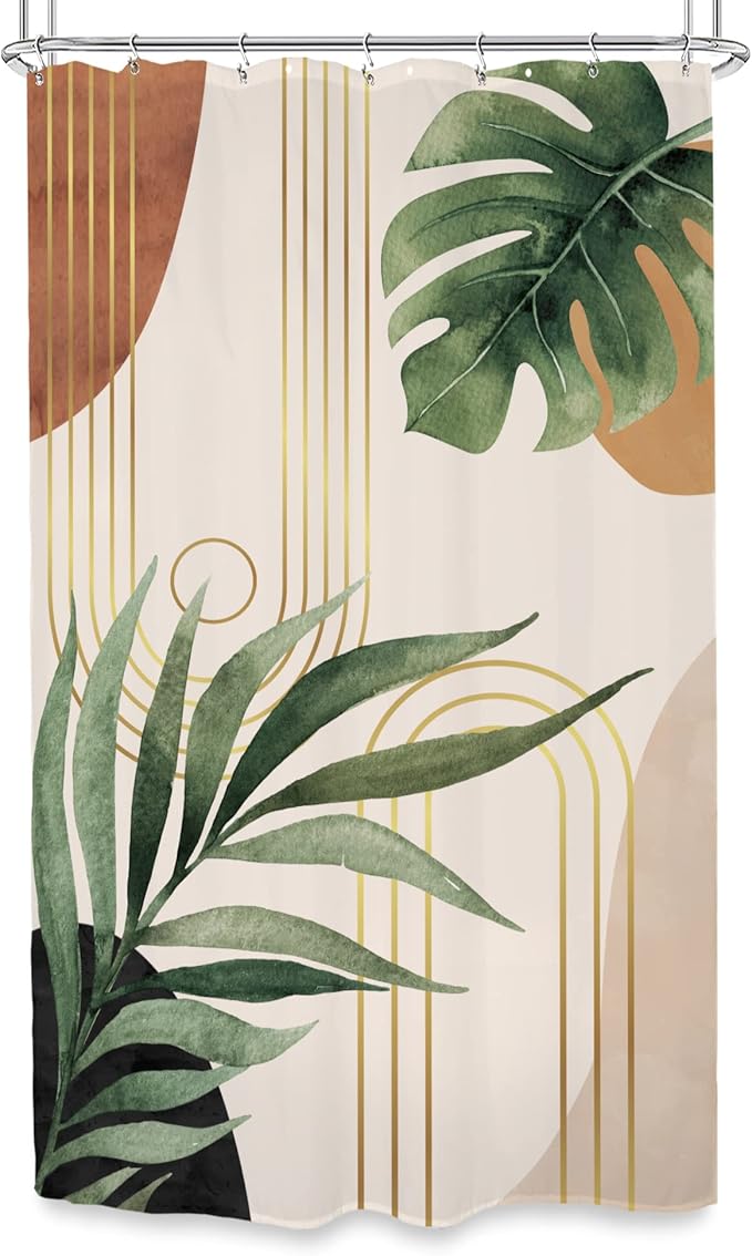 Glawry Small Stall Narrow Shower Curtain 39Wx72L Inches Single Tropical Boho Mid Century Leaves Abstract Bathroom Palm Leaf Plant Green Minimalist Bath Accessories Art Home Decor Fabric 7 Pack Hooks
