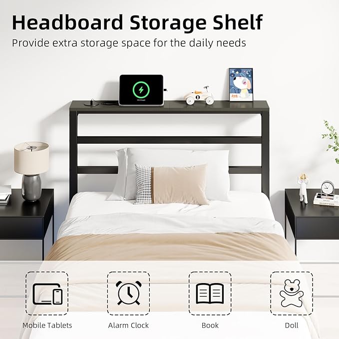 Twin Size Bed Frame with LED Lights, Metal Platform Bed Frame with Storage Headboard, Modern Bed Frame with Charging Station, Heavy Duty Metal Slat, No Box Spring Needed, Easy Assembly, Black