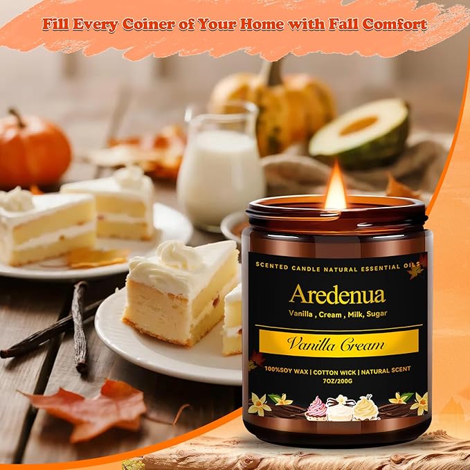 Fall Candles | Vanilla Cream Candle - Autumn Creamy Scented Candle for Home, 7oz Autumn Soy Candles for Home Scented, 50 Hours Burn Time, Fall Gifts for Women Men