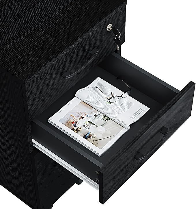 Panana 3 Drawer Wood Mobile File Cabinet, Under Desk Storage Drawers Small File Cabinet for Home Office (Black)