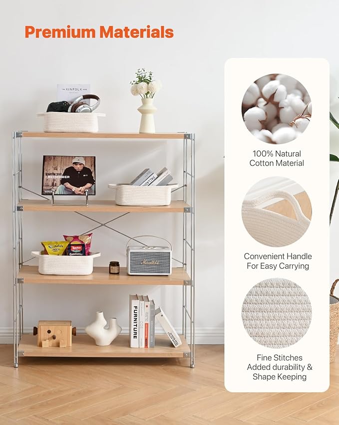 Small Woven Basket, 12 x 8 x 4.5 Inches, Small Storage Baskets for Organizing, Gift Baskets Empty, Cute Rope Shelf Closet Storage Bins for Shelves, Dog Toy Basket, Off White