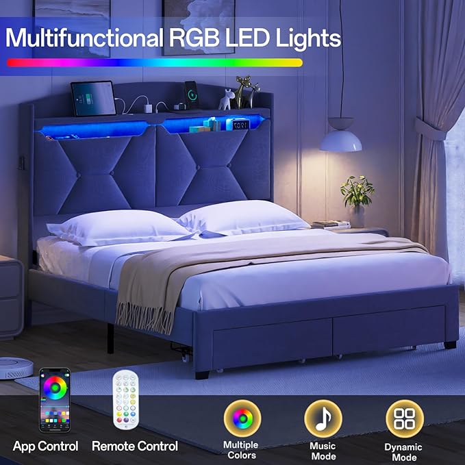 Queen Size Bed Frame, Queen Bed Frame with Storage Drawers, Upholstered Bed Queen Size with Charging Station and LED Lights, Easy Assembly, Grey