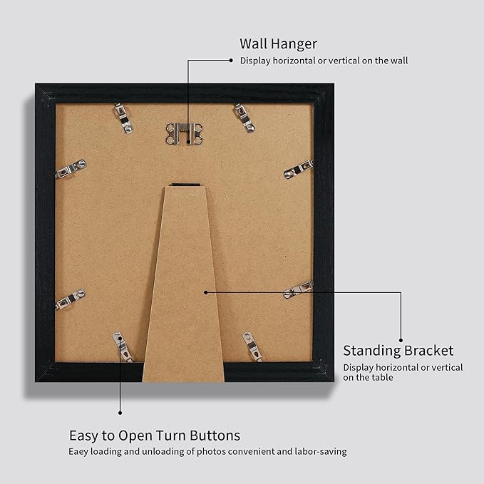 10x10 Picture Frame Set of 4 with HD Glass, Black Frames Display 8x8 Picture with Mat or 10 x 10 Without Mat, Photo Frames for Tabletop Display and Wall Mounting
