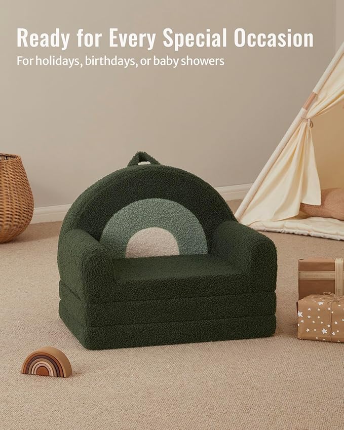 Blissful Diary Foldable Toddler Couch, 2-in-1 Comfy Toddler Chair & Lounger for Reading, Nap, Playroom, Kids Couch Sofa for 1 2 3+ Year Old Girls Boys Birthday Gift, Dark Green Arclet