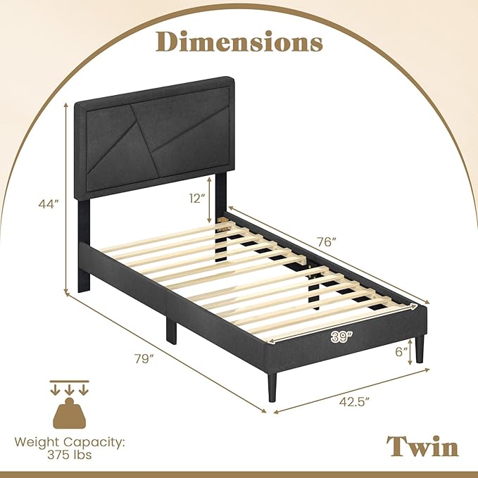 Giantex Twin Bed Frames with Headboard, Modern Upholstered Platform Bed Frame with Geometric Tufting Headboard, Wooden Slats Support, No Box Spring Needed, Gray