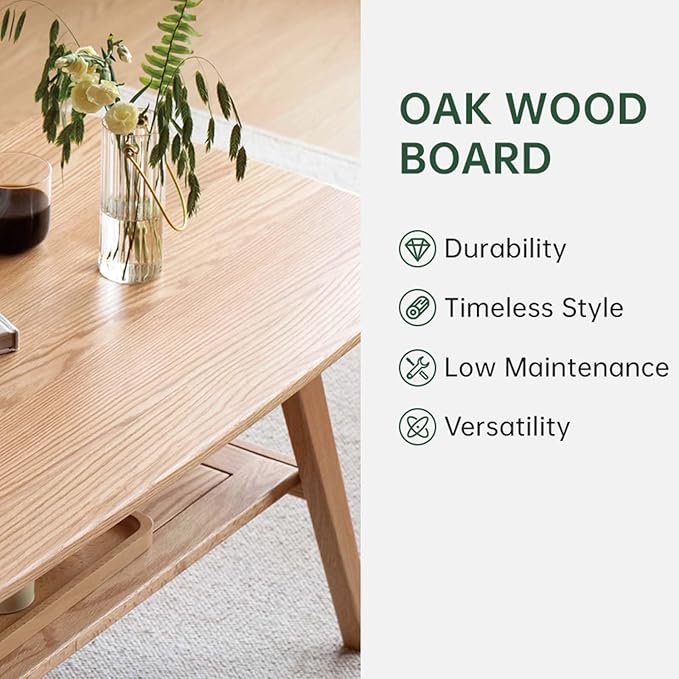100% Solid Wood Coffee Table for Living Room, 39.37" Mid Century Modern Small Tables with Shelf Storage, 2-Tier Coffee Table with Rounded Corners (Oak Wood Log Color, 39.37" L)
